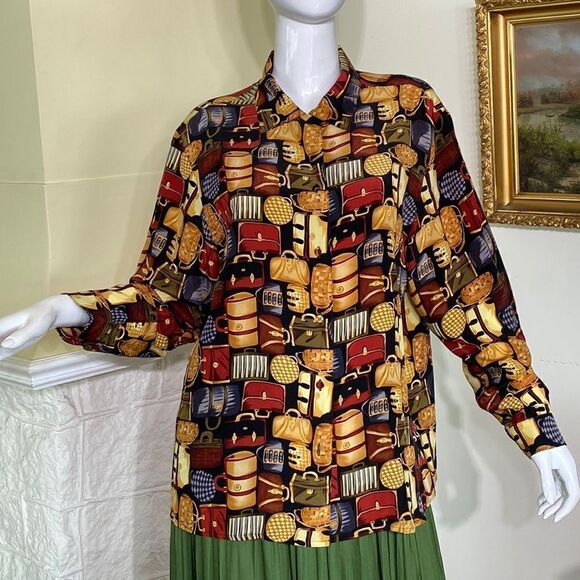 100% Silk J. McLaughlin Vintage Printed Button Down Shirt - Picture 3 of 15